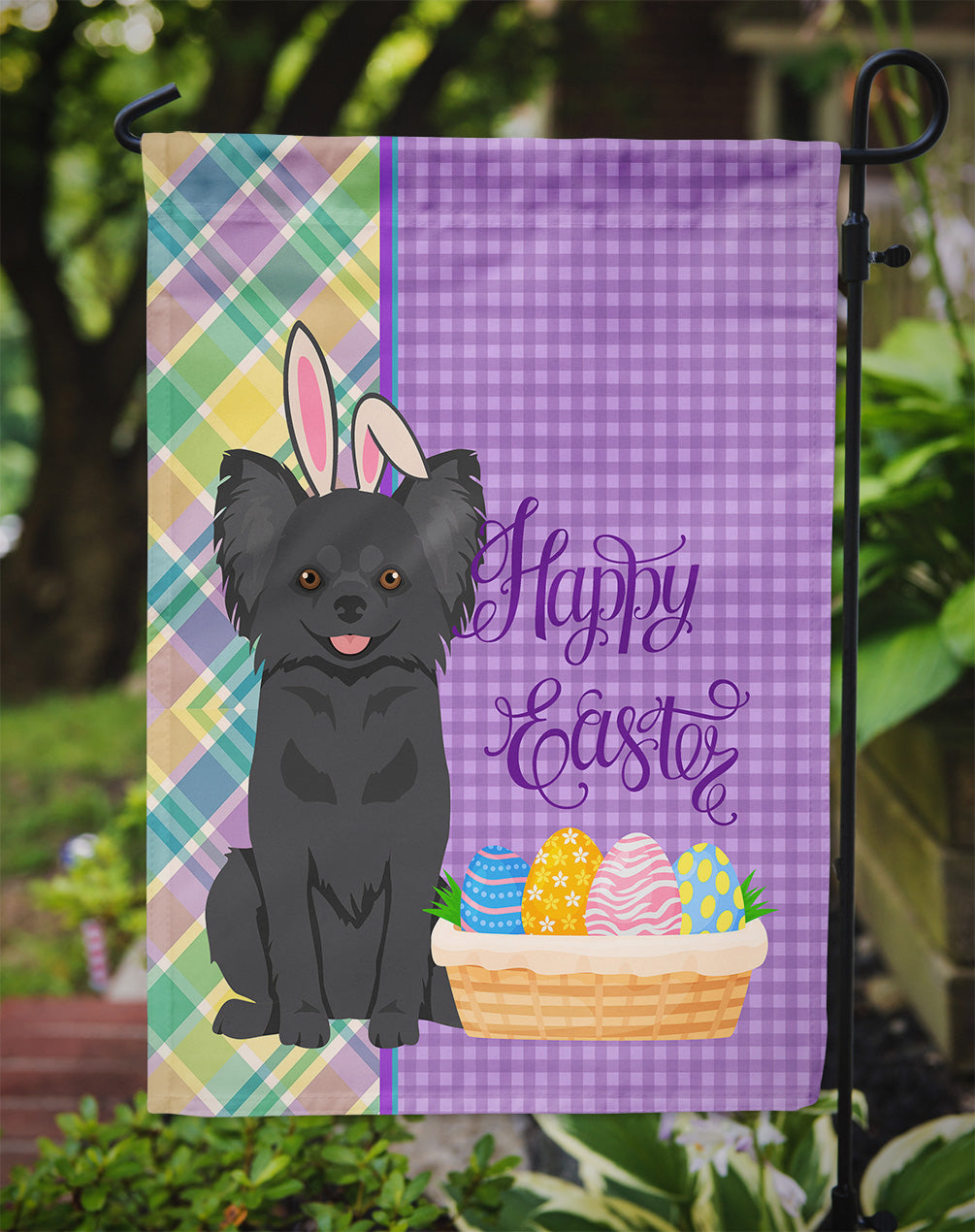 Longhaired Black Chihuahua Easter Garden Flag