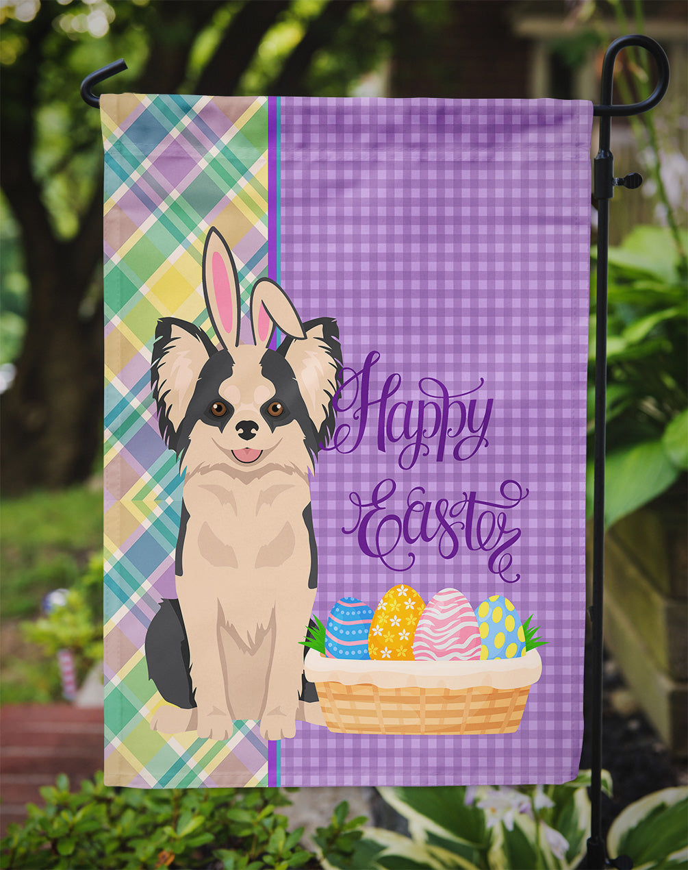 Longhaired Black and White #2 Chihuahua Easter Garden Flag