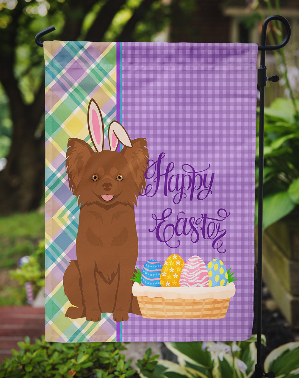 Longhaired Chocolate Chihuahua Easter Garden Flag