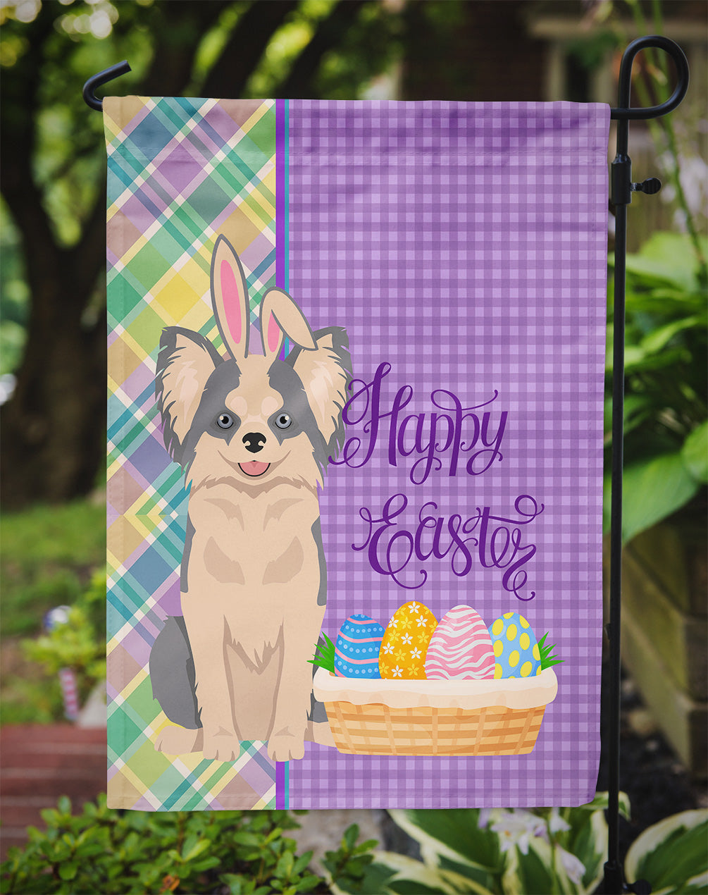 Longhaired Blue and White Chihuahua Easter Garden Flag