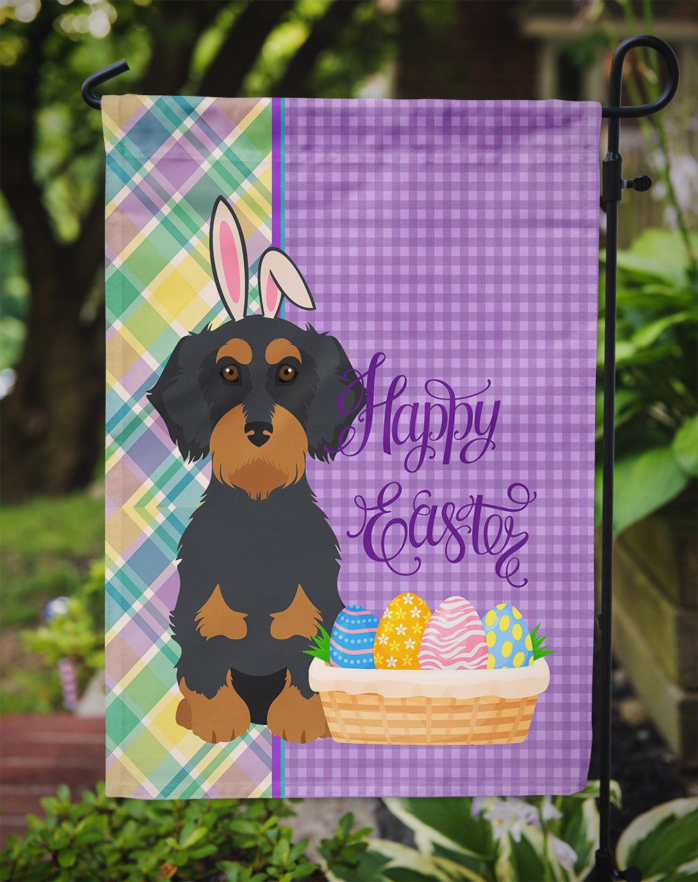 Wirehair Black and Tan Dachshund Easter Garden Flag