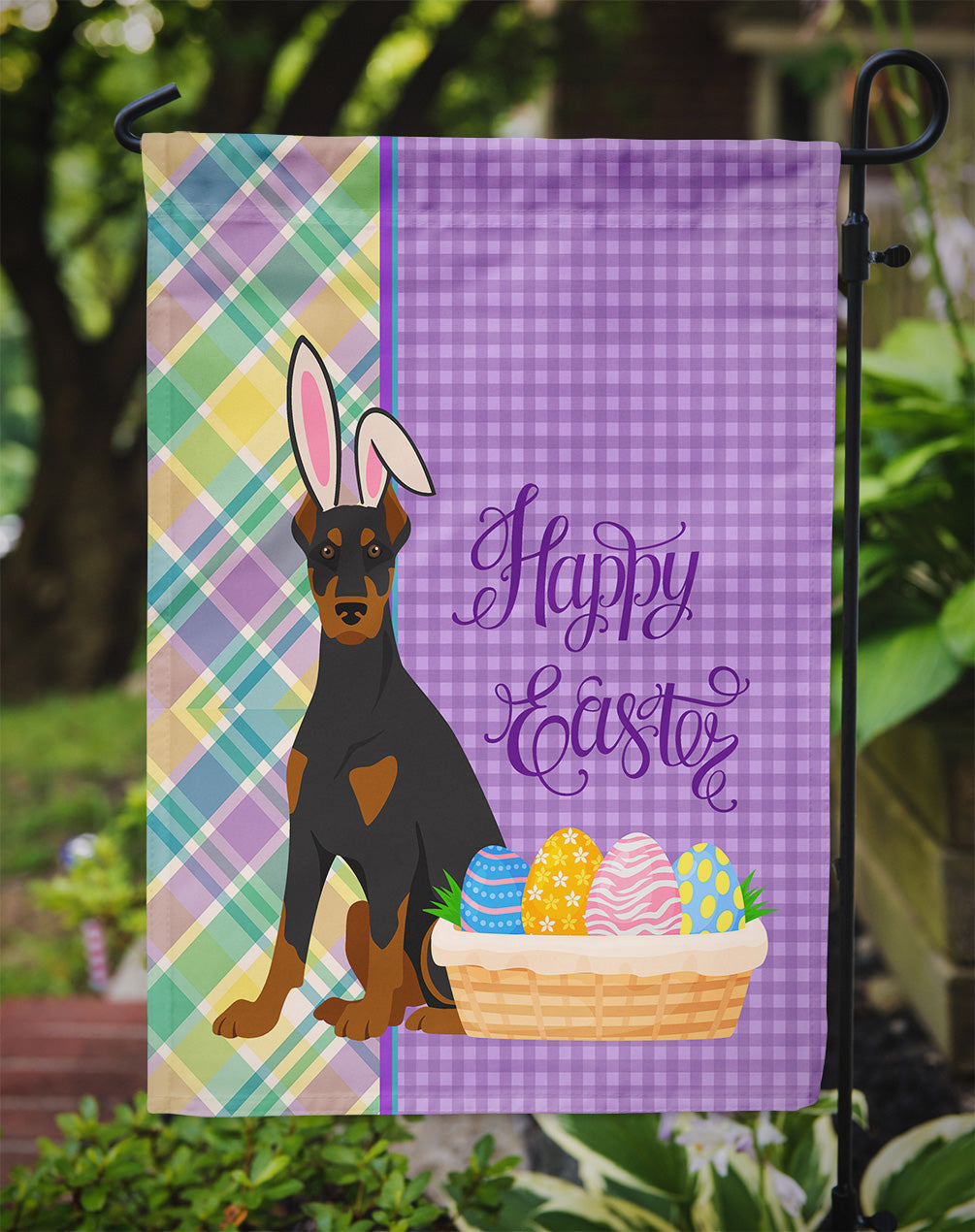 Black and Tan Doberman Pinscher Easter Garden Flag