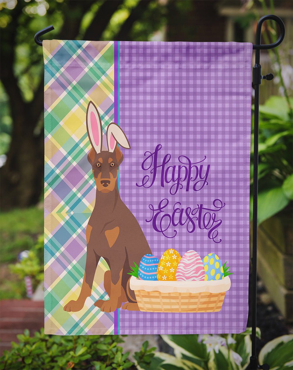 Red and Tan Doberman Pinscher Easter Garden Flag