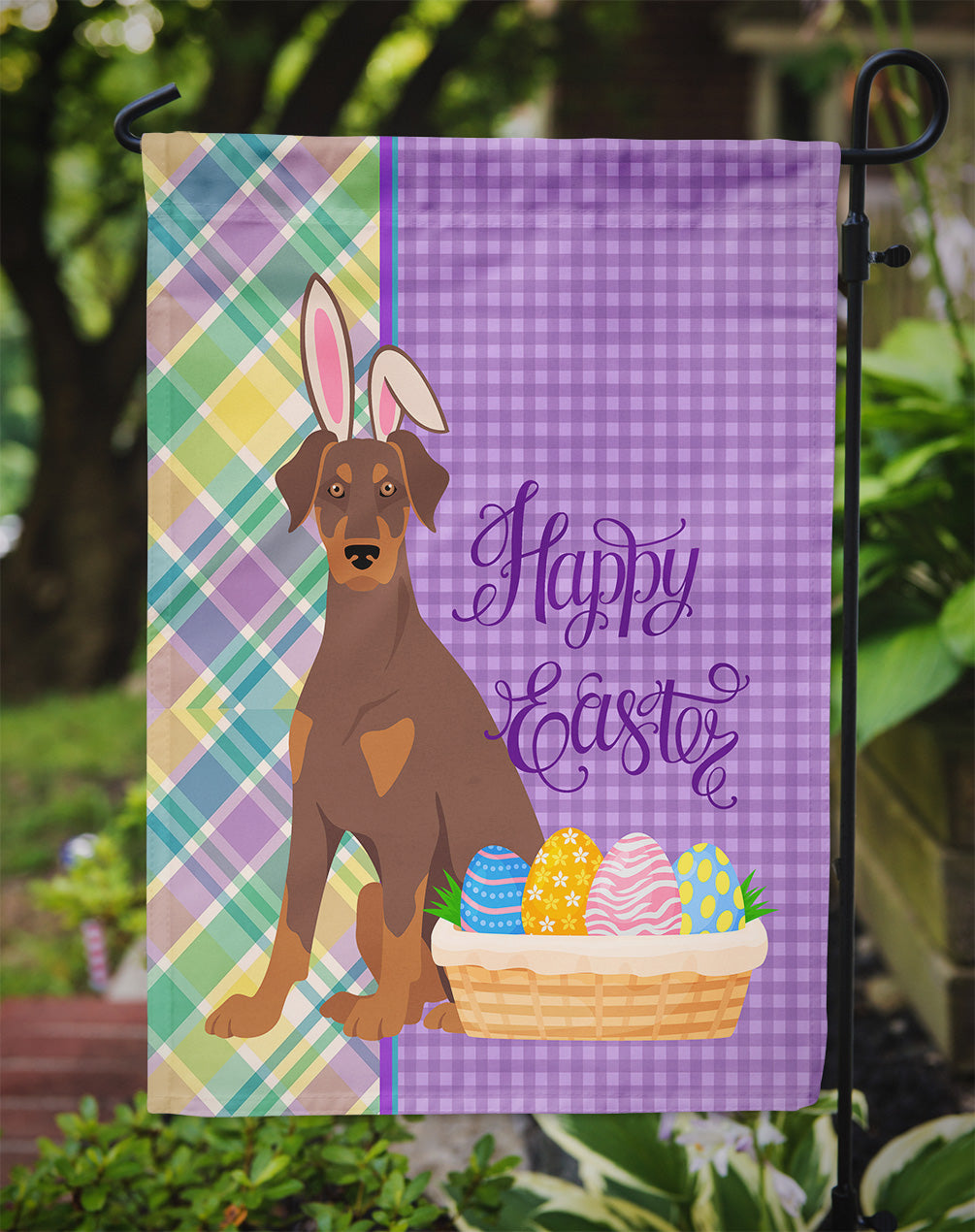 Natural Ear Red and Tan Doberman Pinscher Easter Garden Flag
