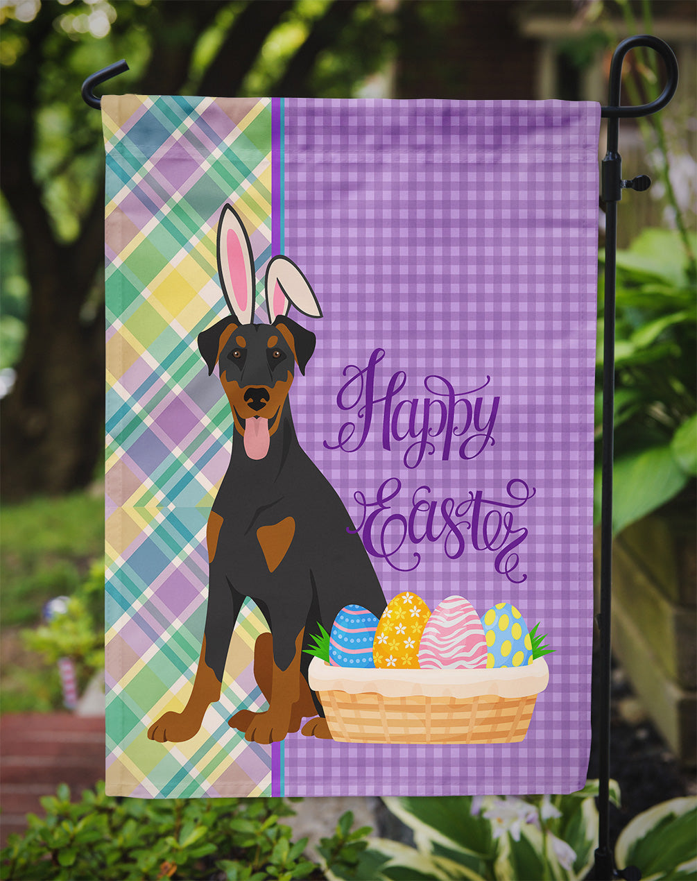 Natural Ear Black and Tan Doberman Pinscher Easter Garden Flag