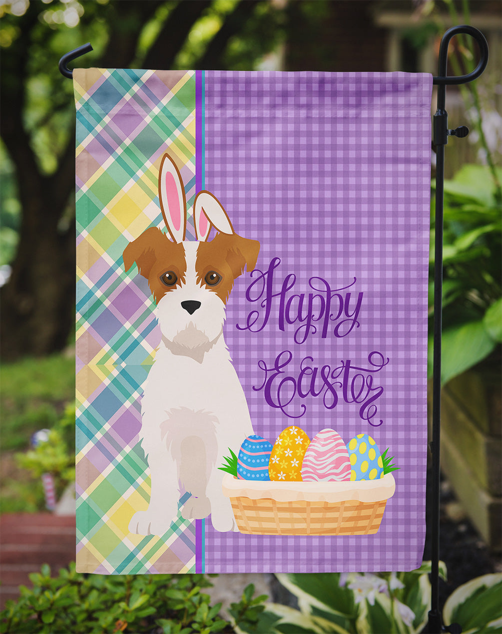 Brown White Wirehair Jack Russell Terrier Easter Garden Flag