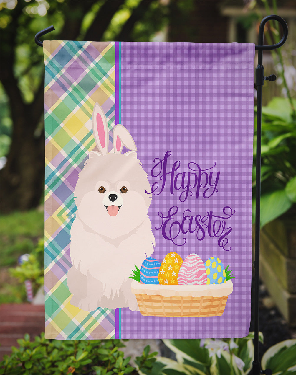 White Pomeranian Easter Garden Flag