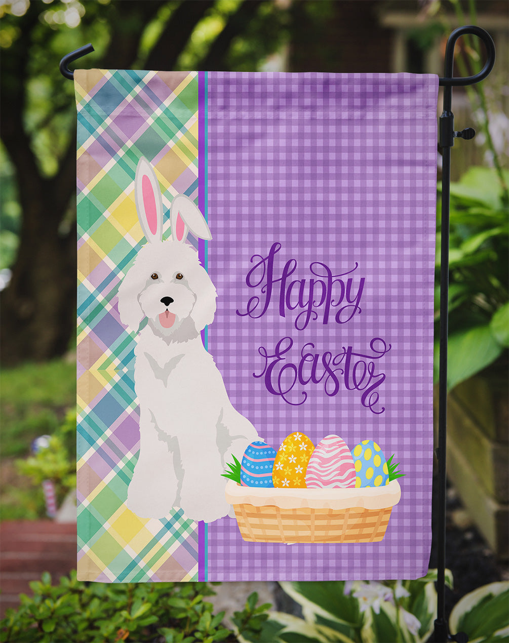 Standard White Poodle Easter Garden Flag