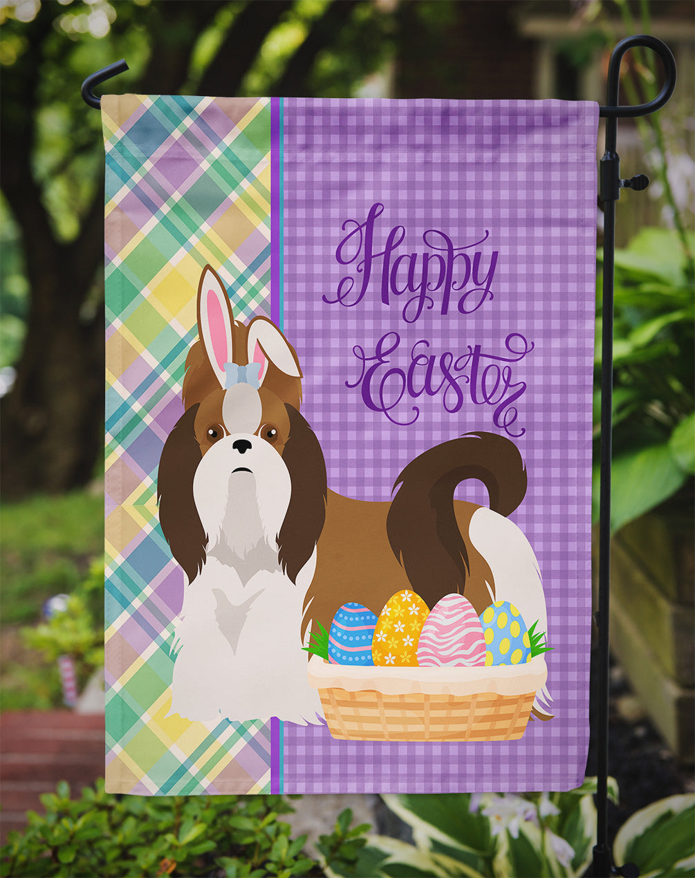 Red and White Shih Tzu Easter Garden Flag