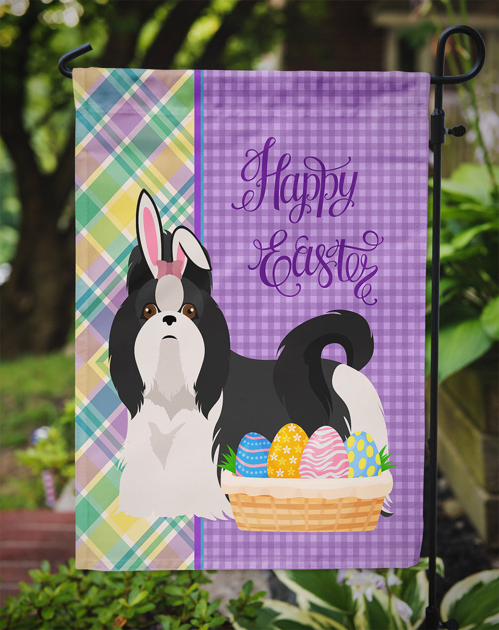 Black and White Shih Tzu Easter Garden Flag