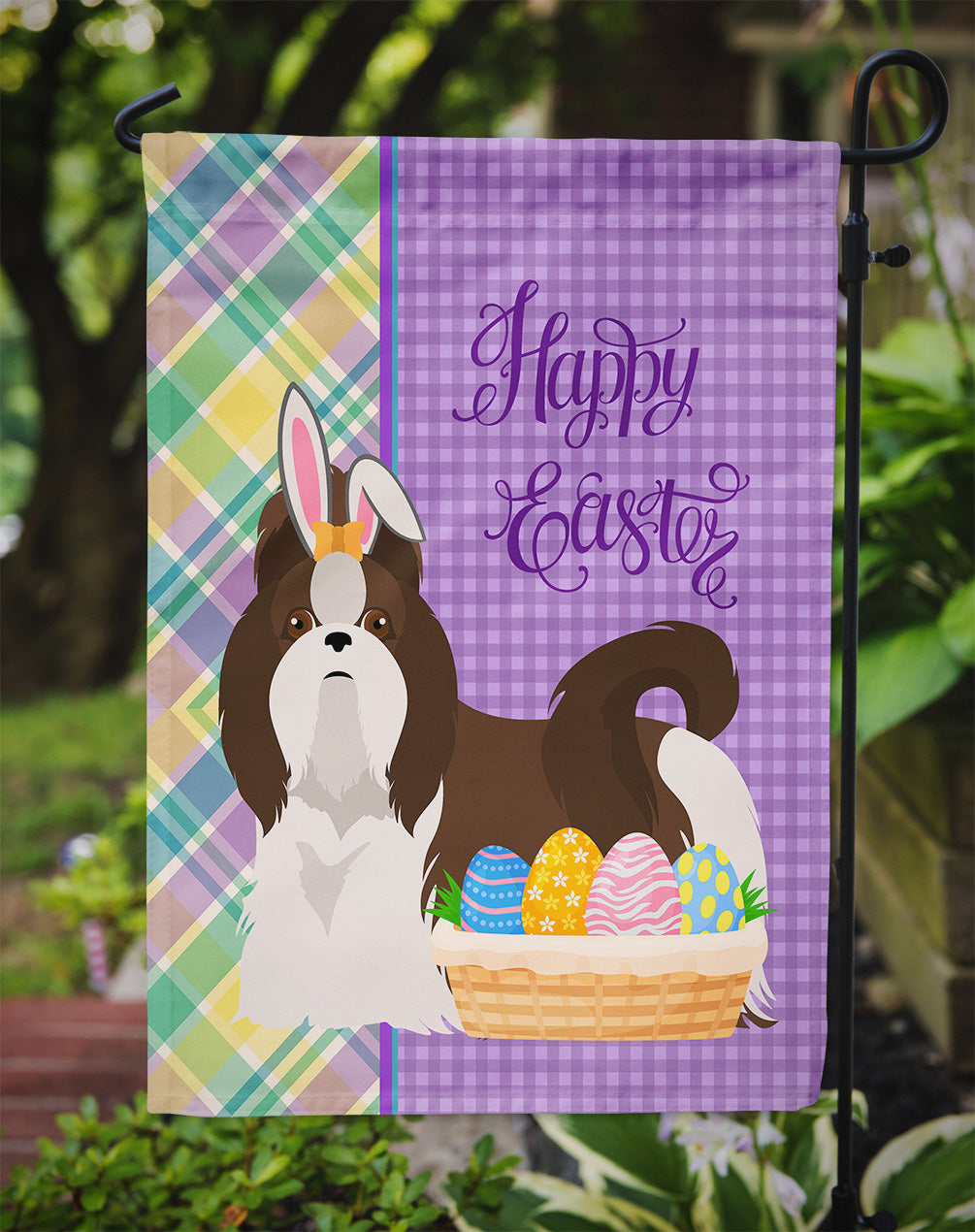 Liver and White Shih Tzu Easter Garden Flag