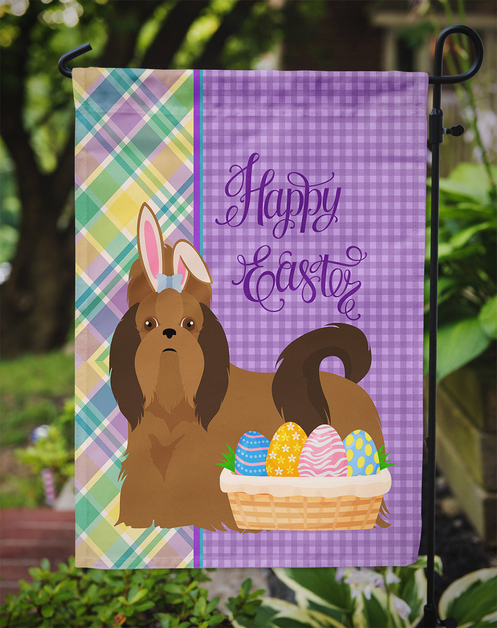 Red Shih Tzu Easter Garden Flag