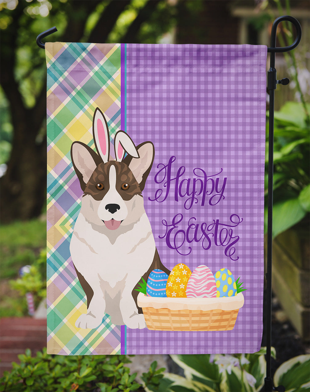 Brindle Cardigan Corgi Easter Garden Flag