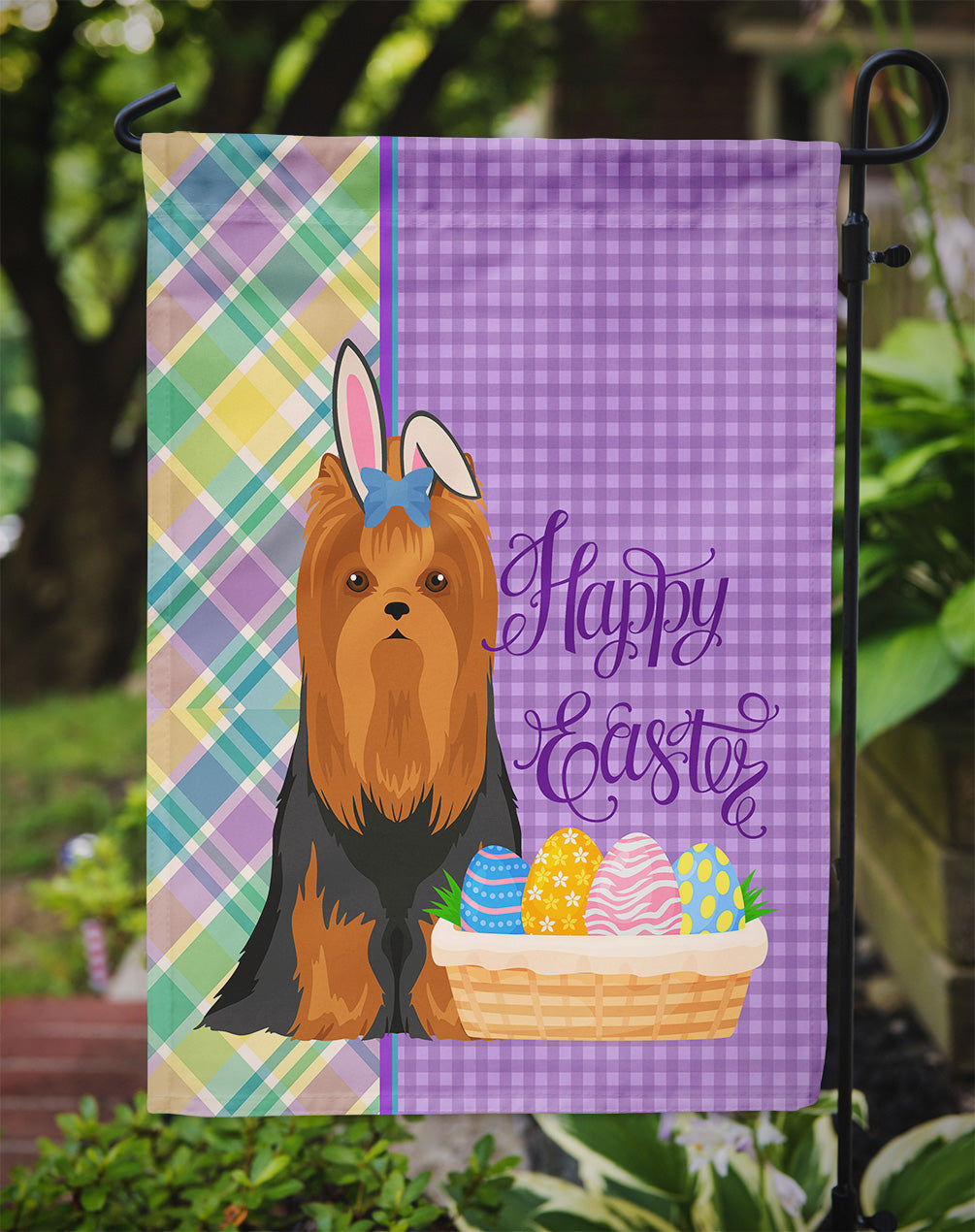 Black and Tan Full Coat Yorkshire Terrier Easter Garden Flag