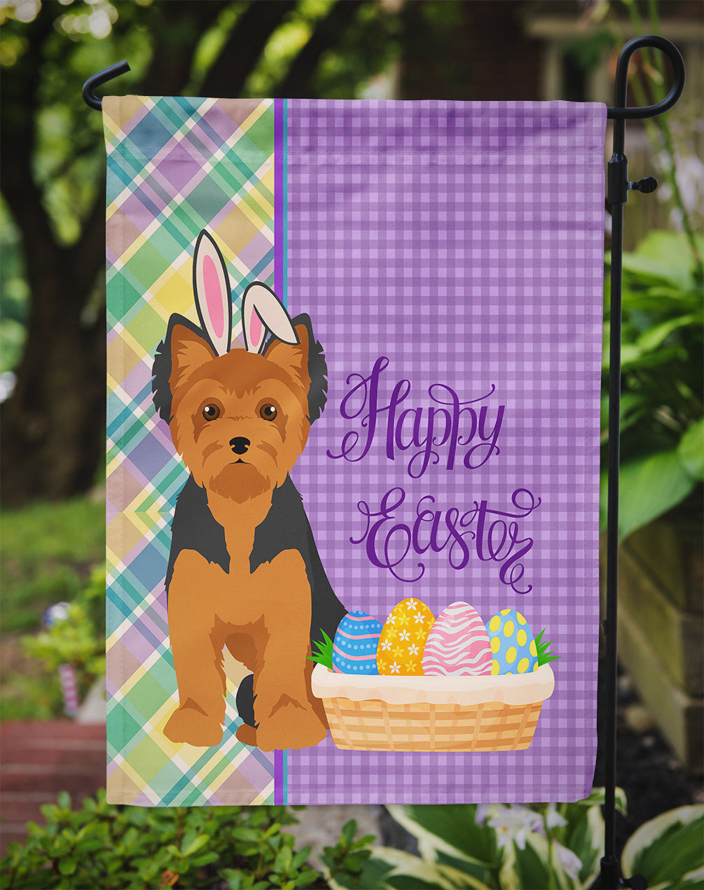 Black and Tan Puppy Cut Yorkshire Terrier Easter Garden Flag