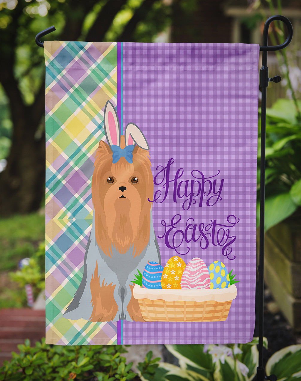 Blue and Tan Full Coat Yorkshire Terrier Easter Garden Flag