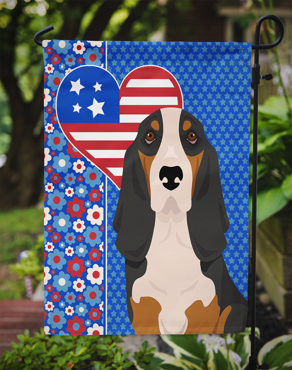 Black Tricolor Basset Hound USA American Garden Flag