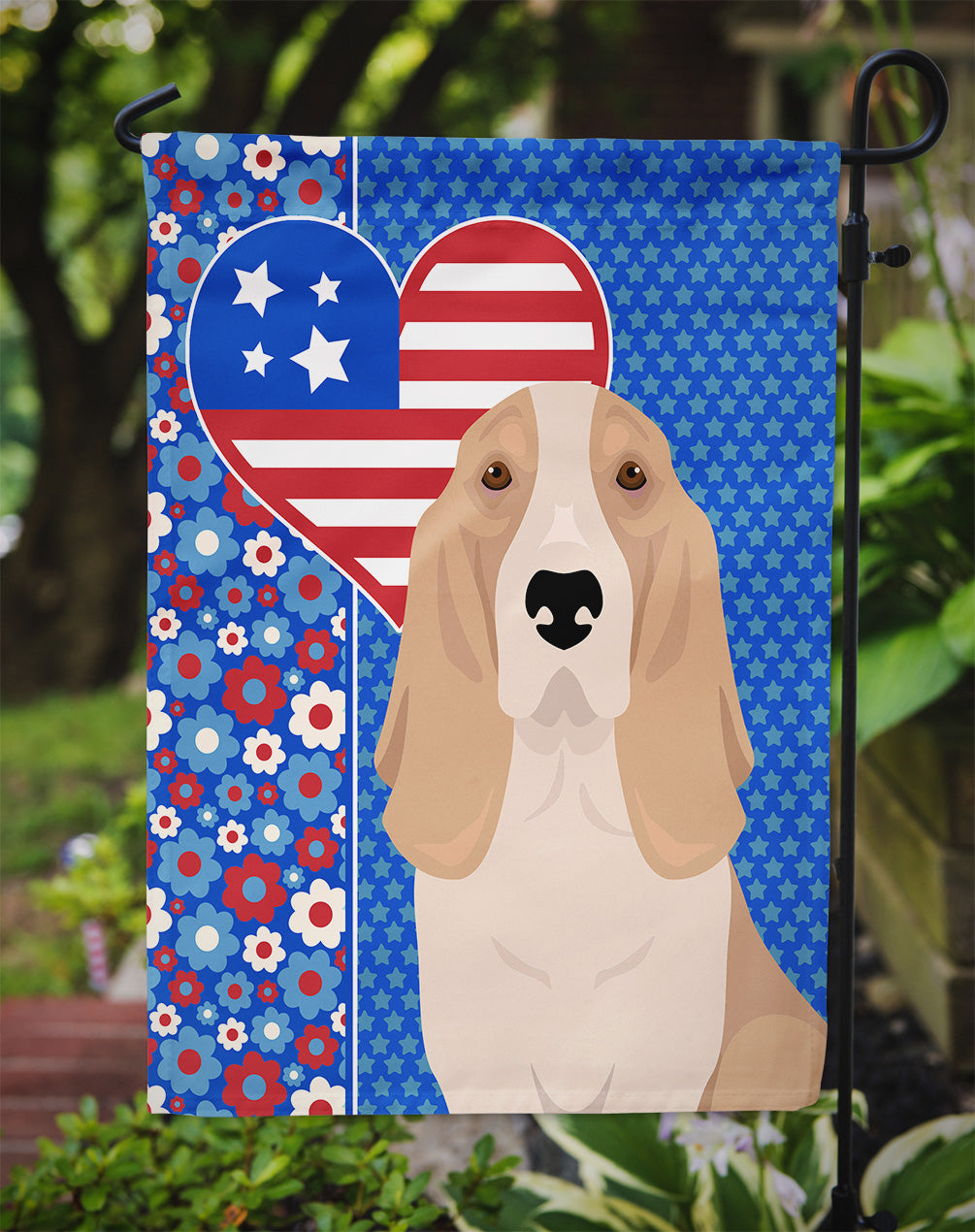 Lemon and White Tricolor Basset Hound USA American Garden Flag