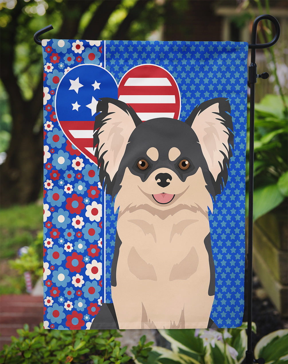 Longhaired Black and White Chihuahua USA American Garden Flag