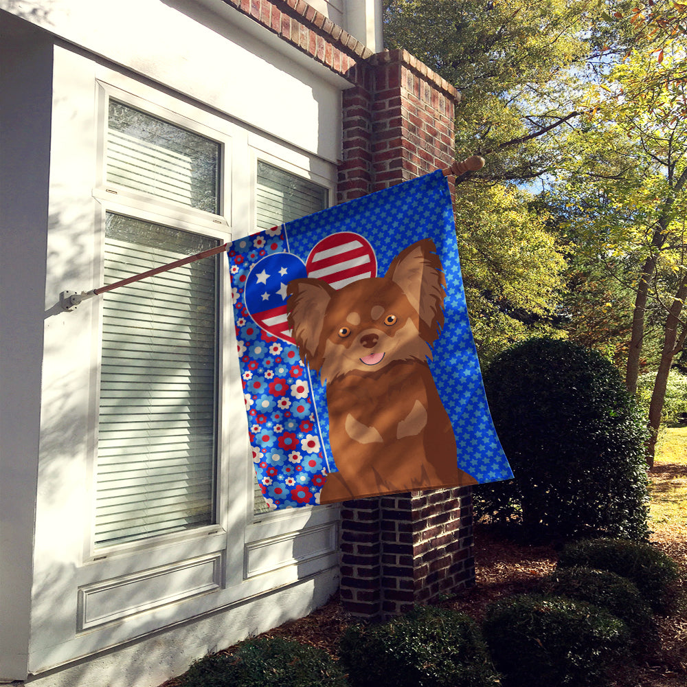 Longhaired Chocolate and Tan Chihuahua USA American House Flag