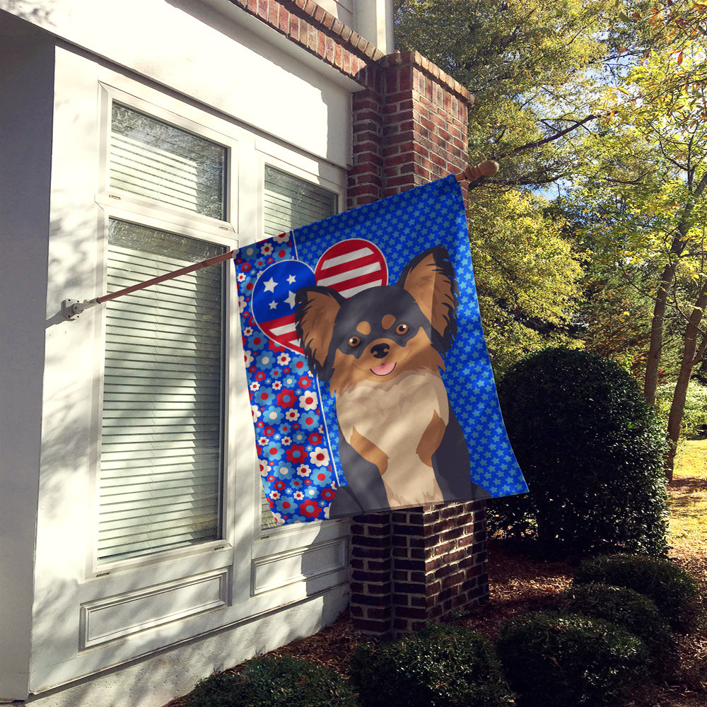 Longhaired Black and Tan Chihuahua USA American House Flag
