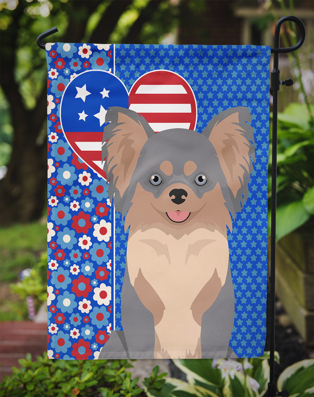 Longhaired Blue and Tan Chihuahua USA American Garden Flag
