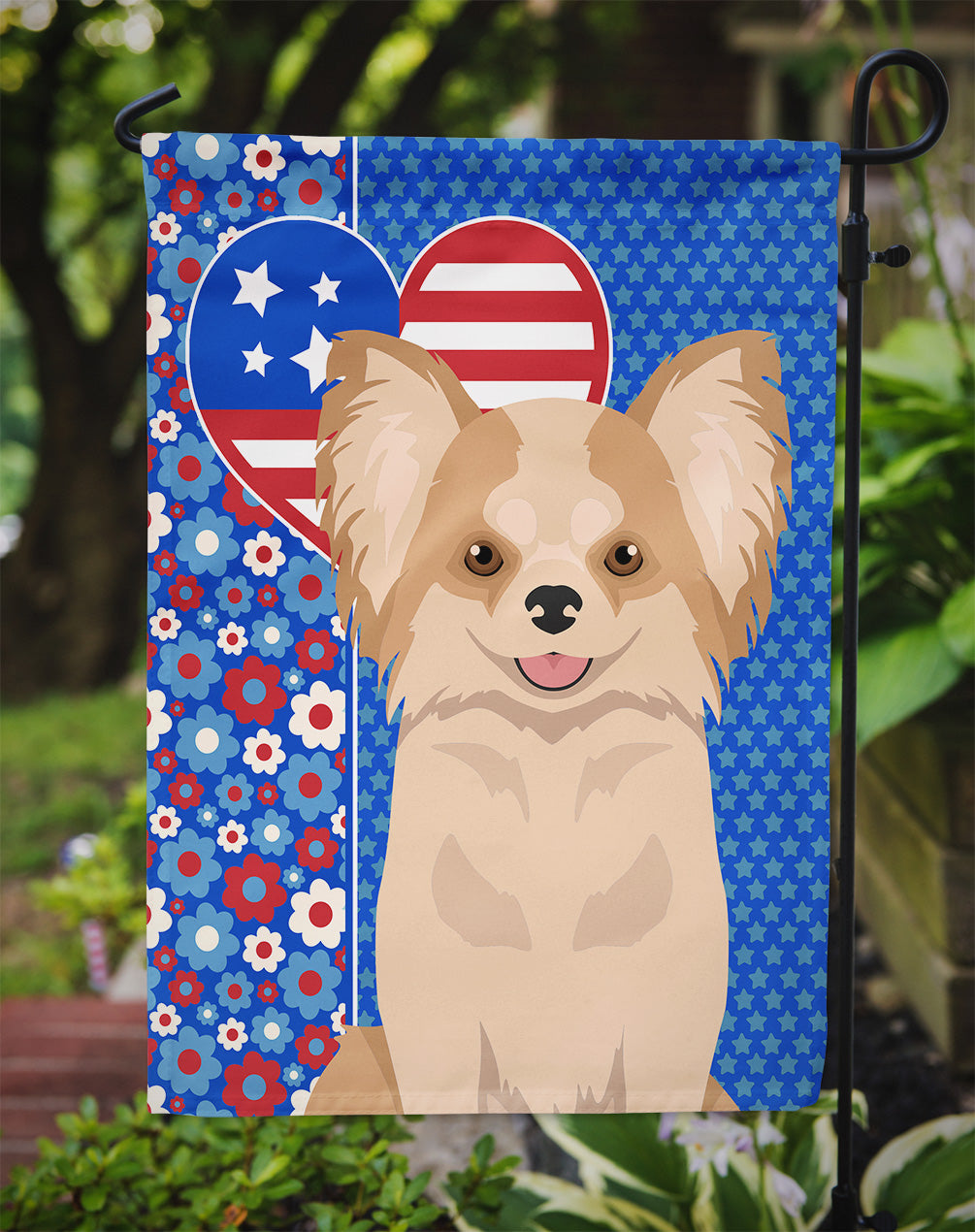 Longhaired Gold and White Chihuahua USA American Garden Flag