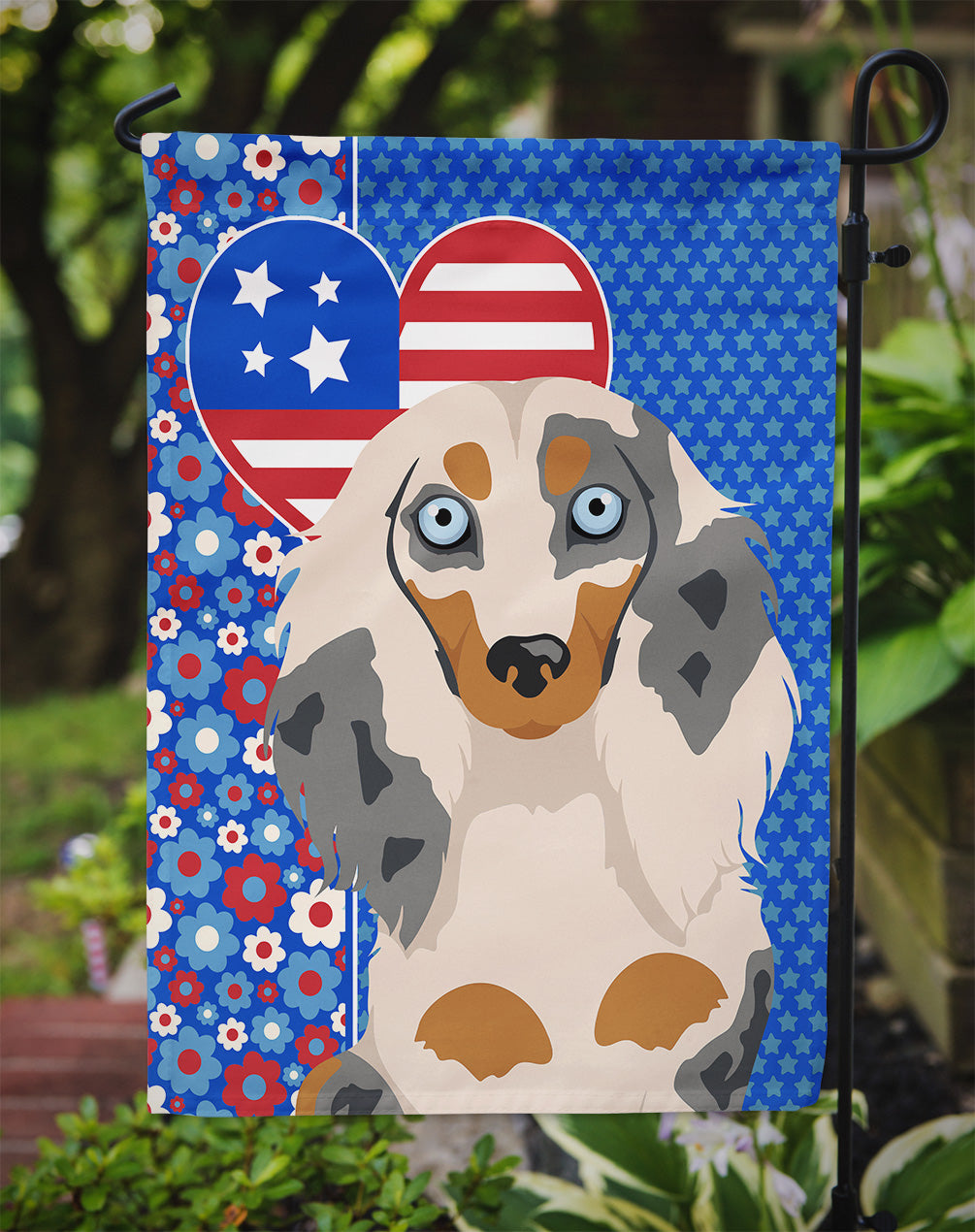 Longhair Cream Dapple Dachshund USA American Garden Flag