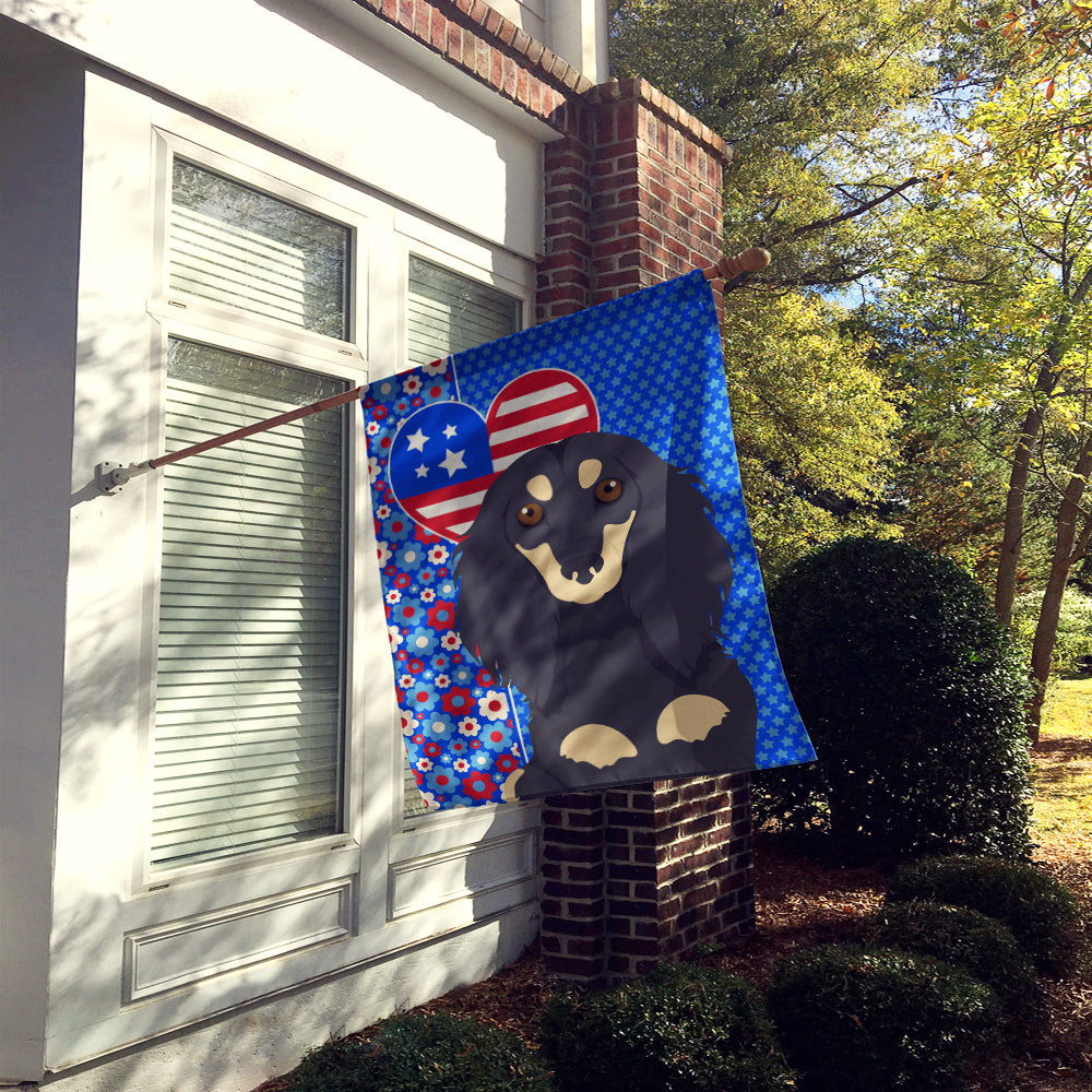Longhair Black and Cream Dachshund USA American House Flag