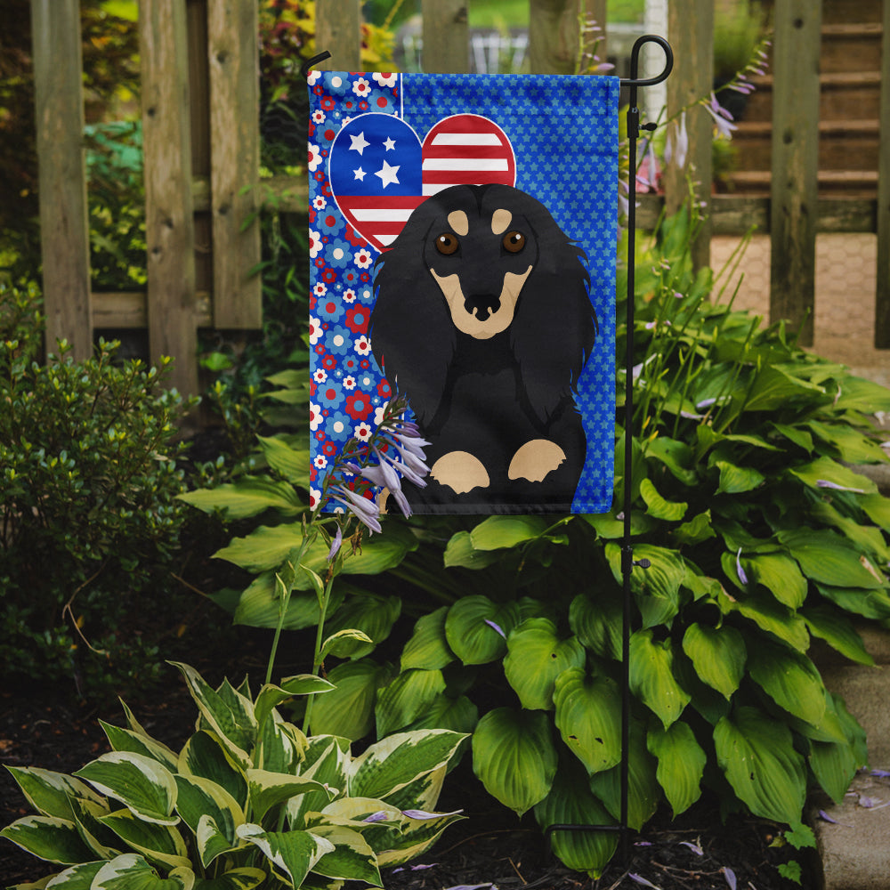 Longhair Black and Cream Dachshund USA American Garden Flag