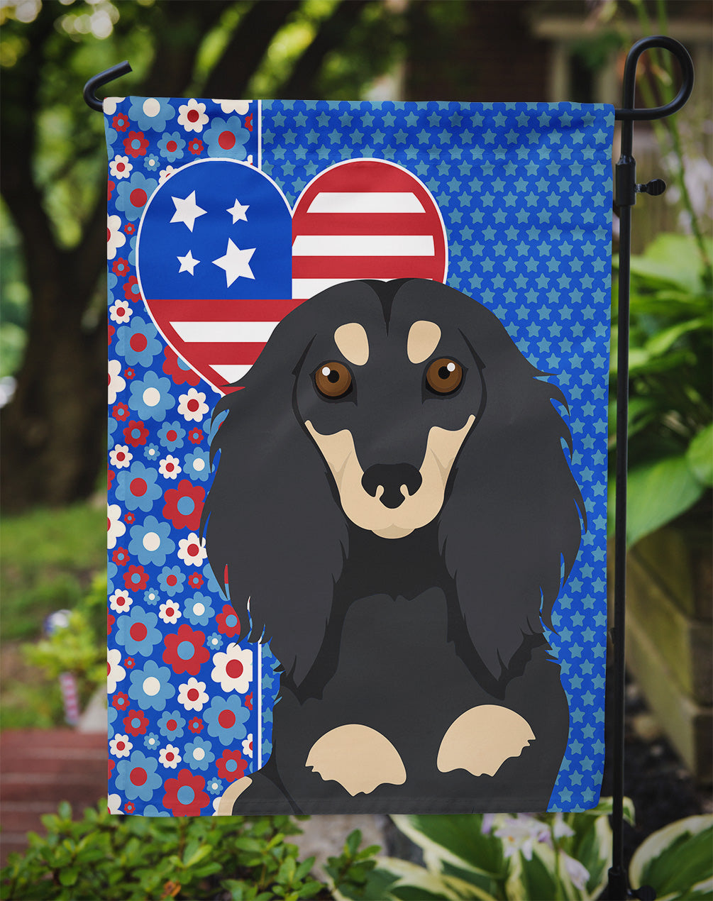 Longhair Black and Cream Dachshund USA American Garden Flag