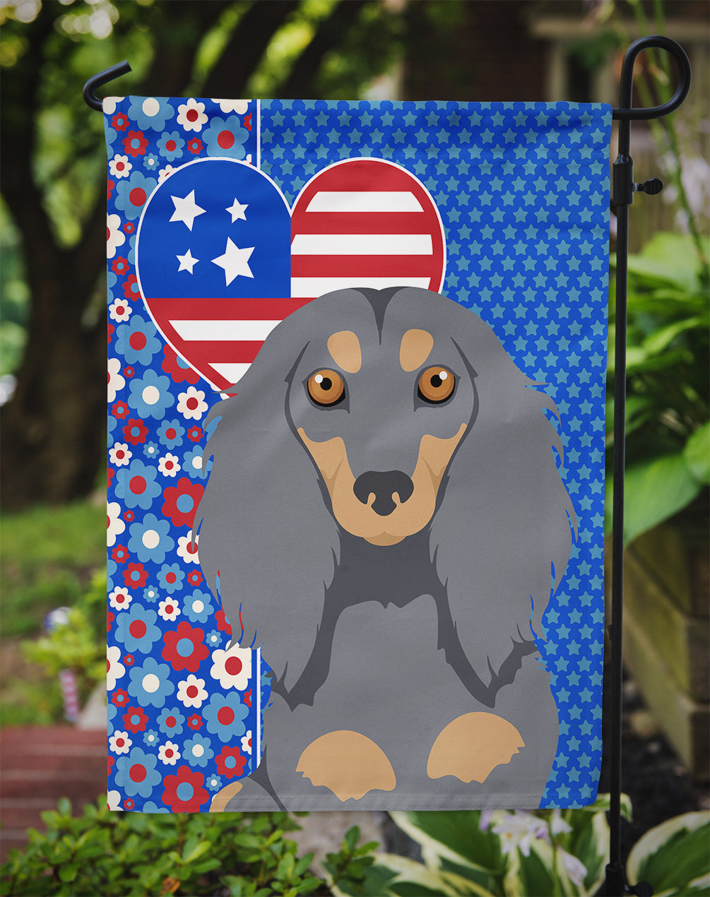 Longhair Blue and Tan Dachshund USA American Garden Flag