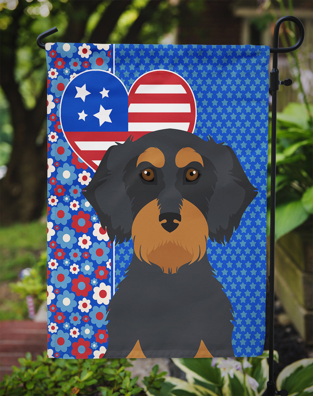 Wirehair Black and Tan Dachshund USA American Garden Flag
