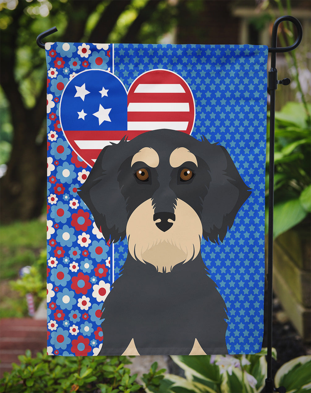 Wirehair Black and Cream Dachshund USA American Garden Flag