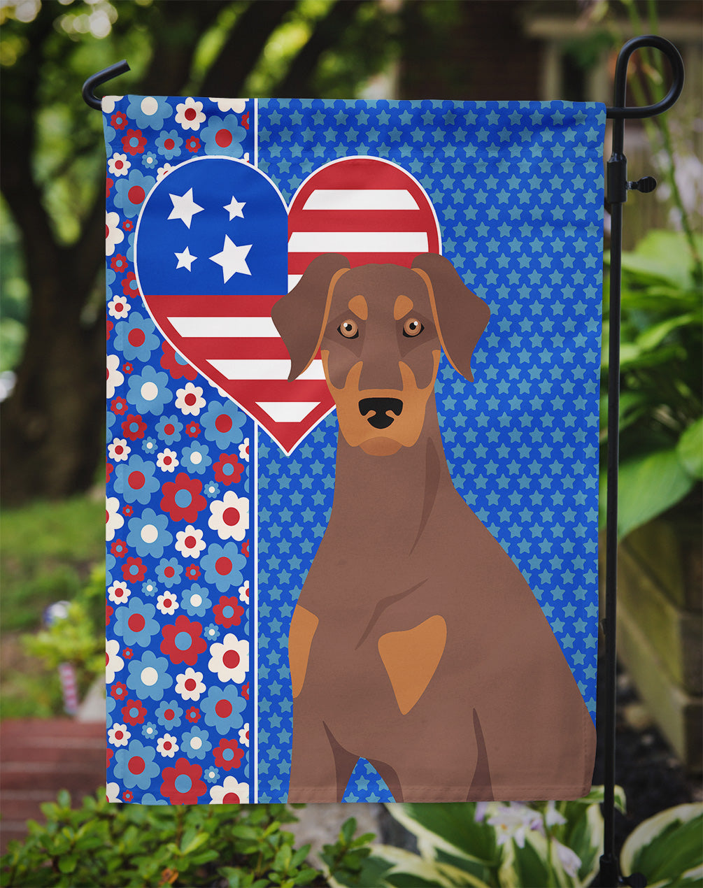 Natural Ear Red and Tan Doberman Pinscher USA American Garden Flag