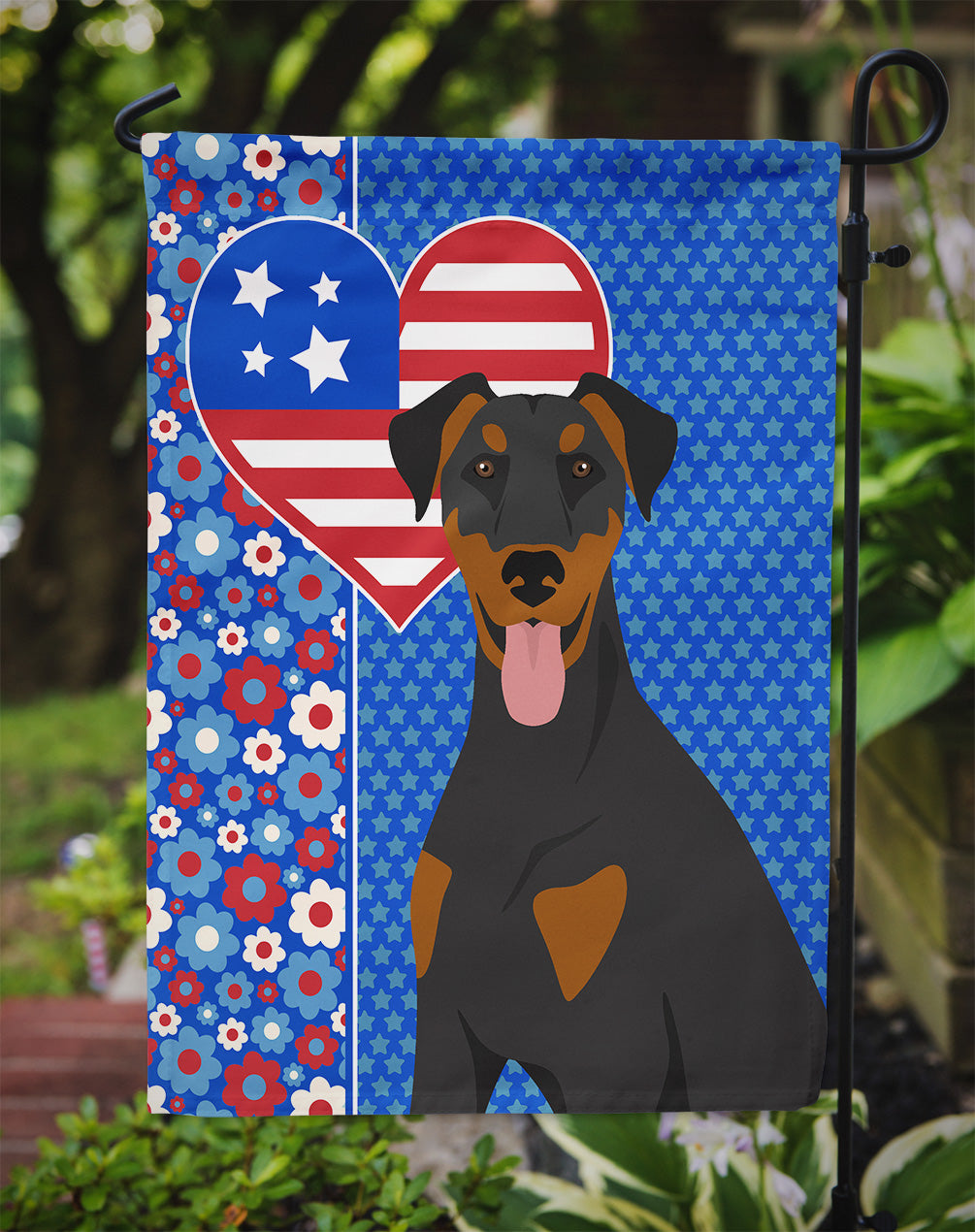 Natural Ear Black and Tan Doberman Pinscher USA American Garden Flag