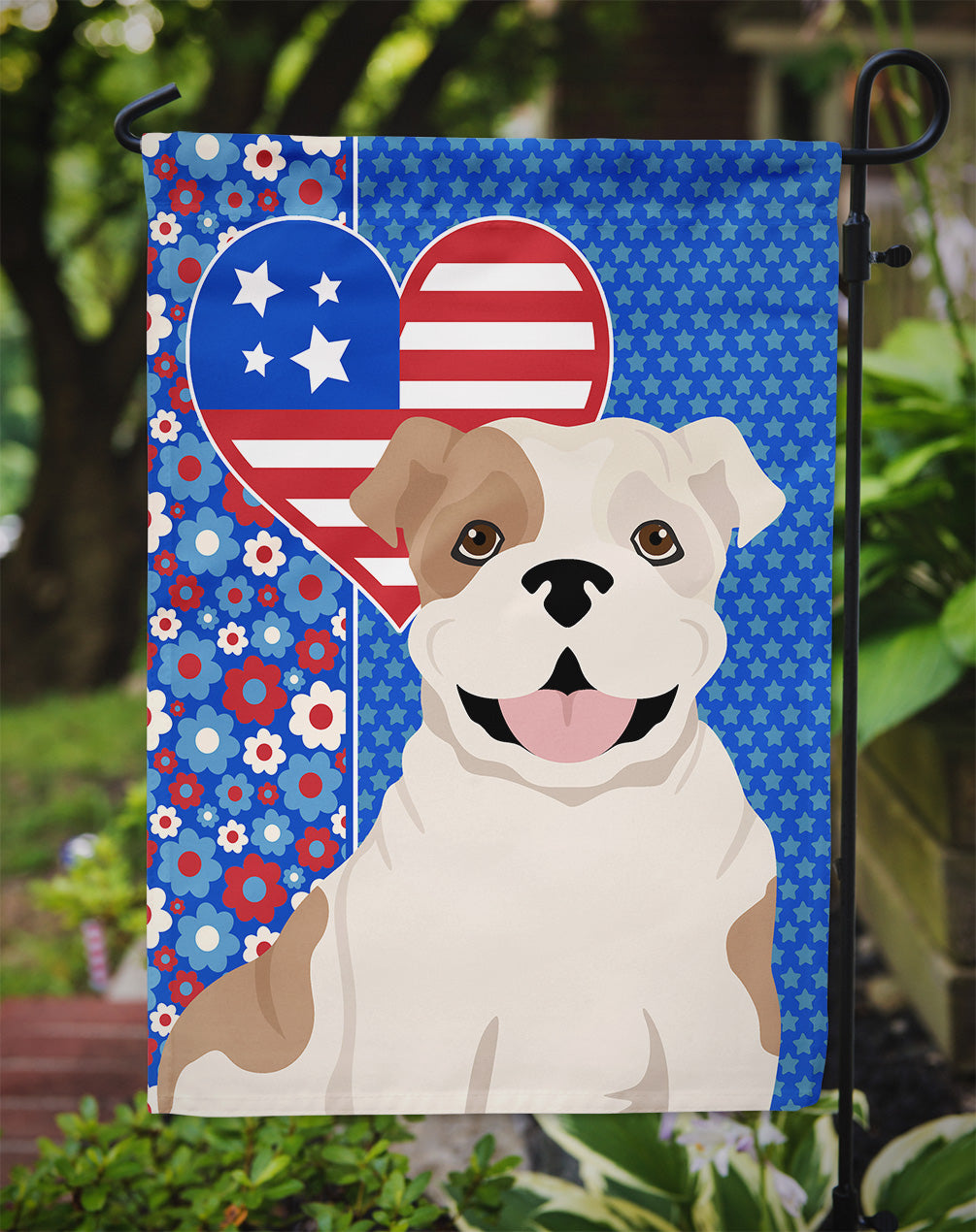 Piebald English Bulldog USA American Garden Flag