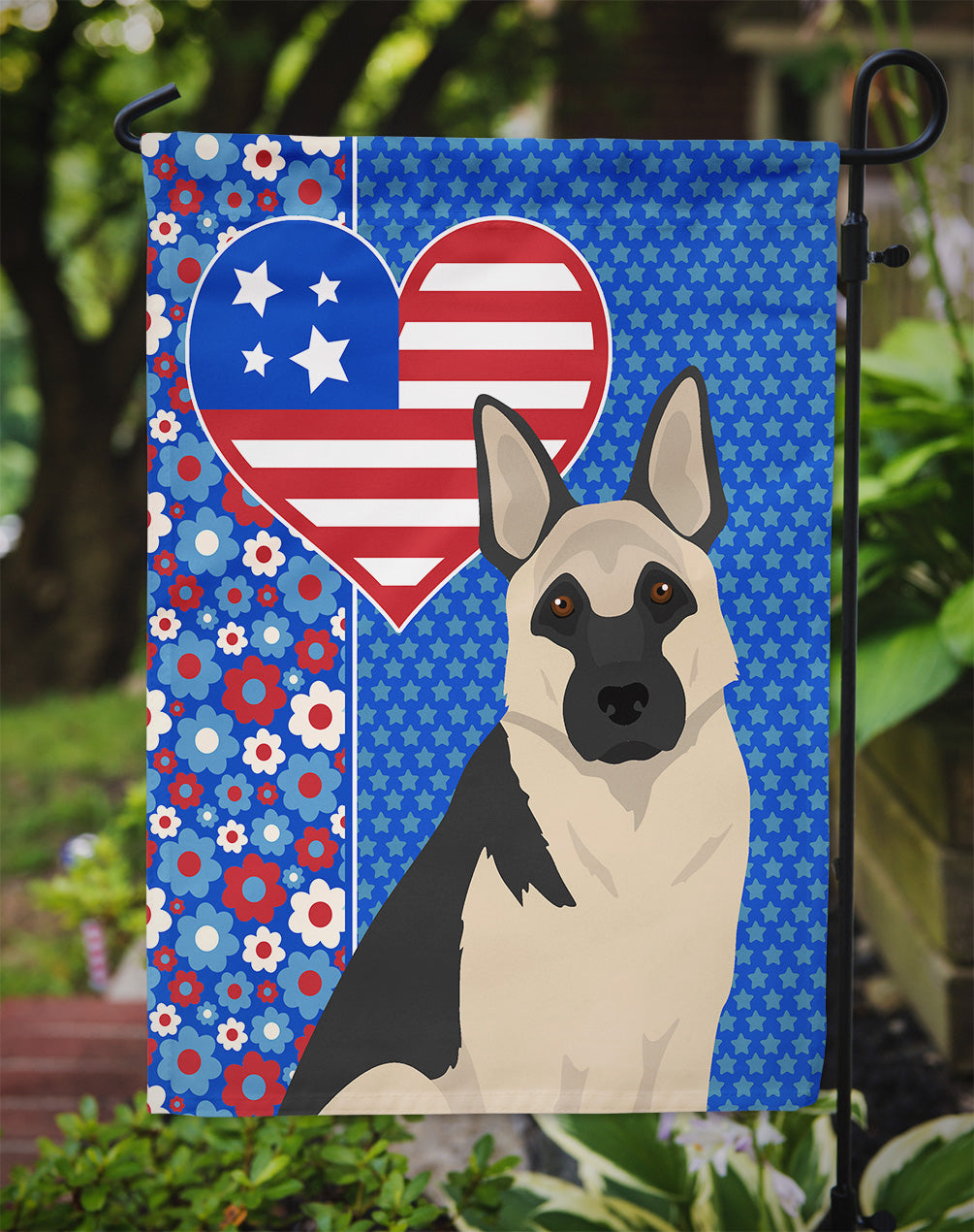 Black and Silver German Shepherd USA American Garden Flag