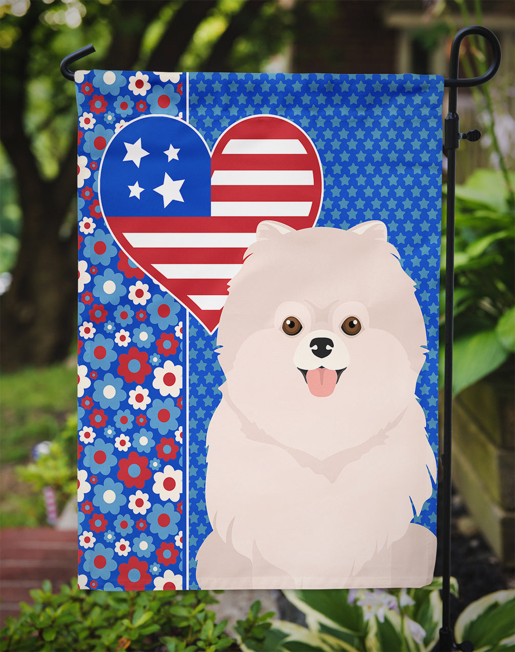 White Pomeranian USA American Garden Flag