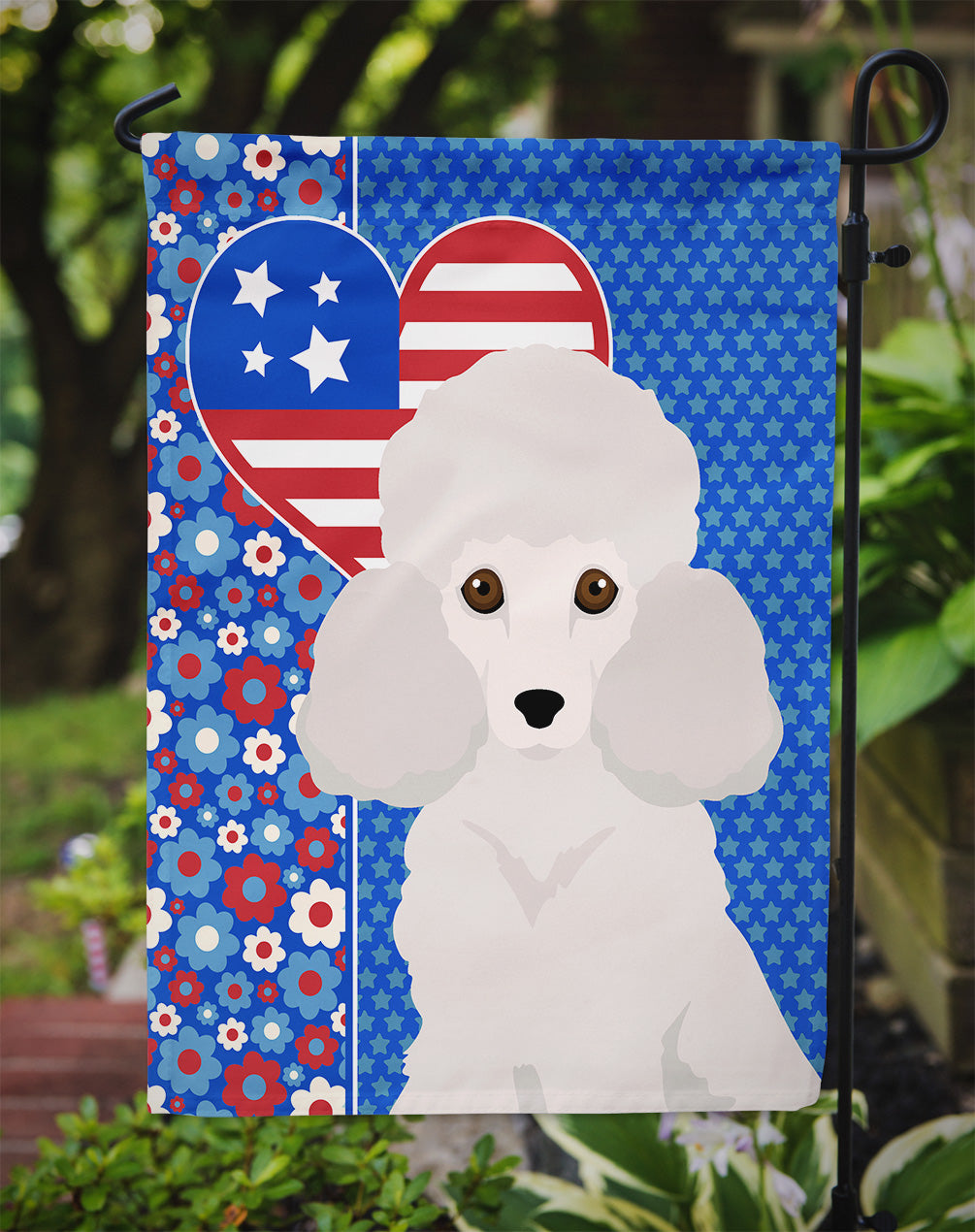Toy White Poodle USA American Garden Flag