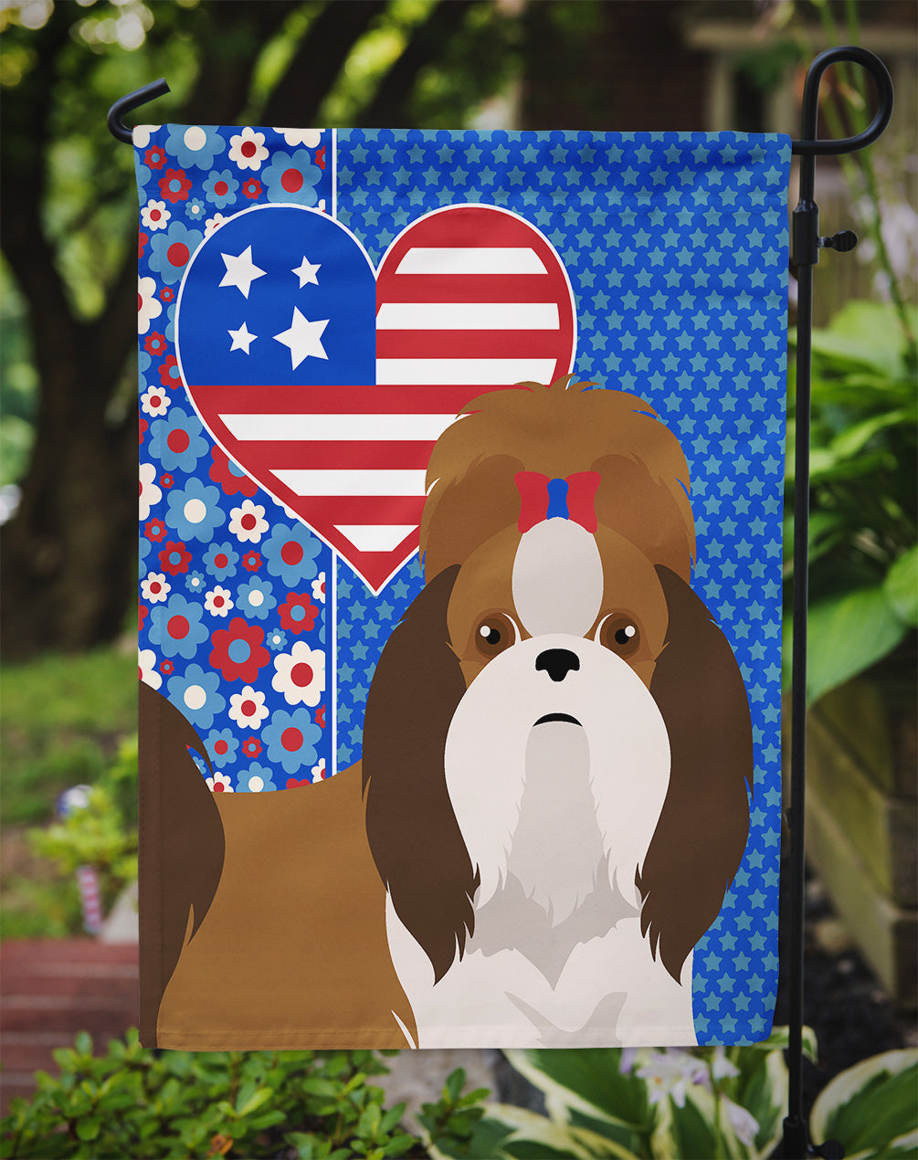 Red and White Shih Tzu USA American Garden Flag