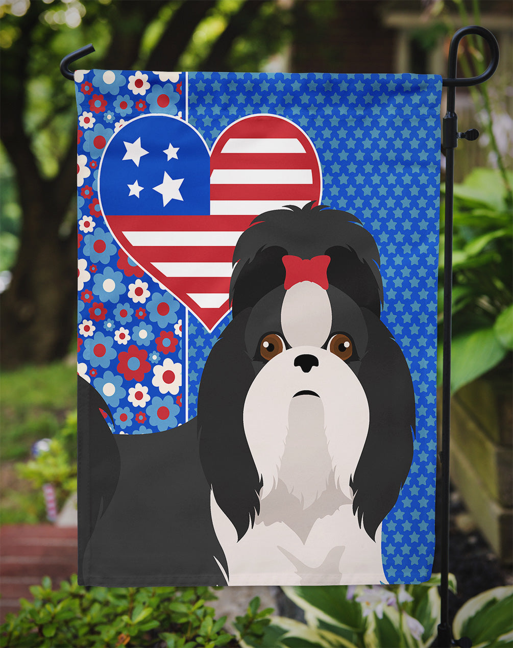 Black and White Shih Tzu USA American Garden Flag