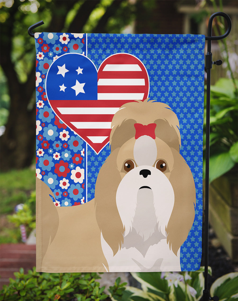 Gold and White Shih Tzu USA American Garden Flag