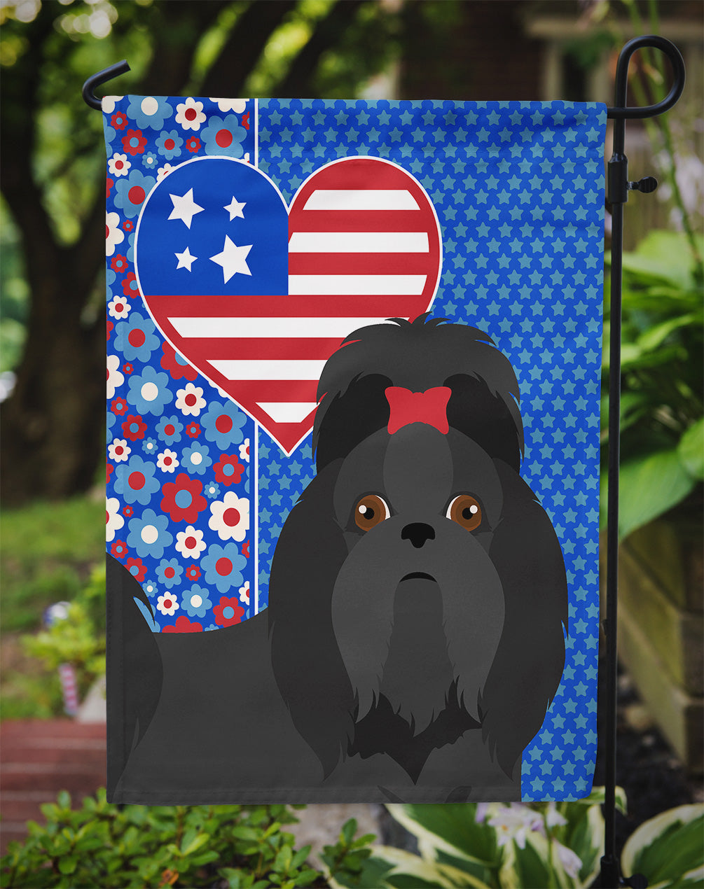 Black Shih Tzu USA American Garden Flag