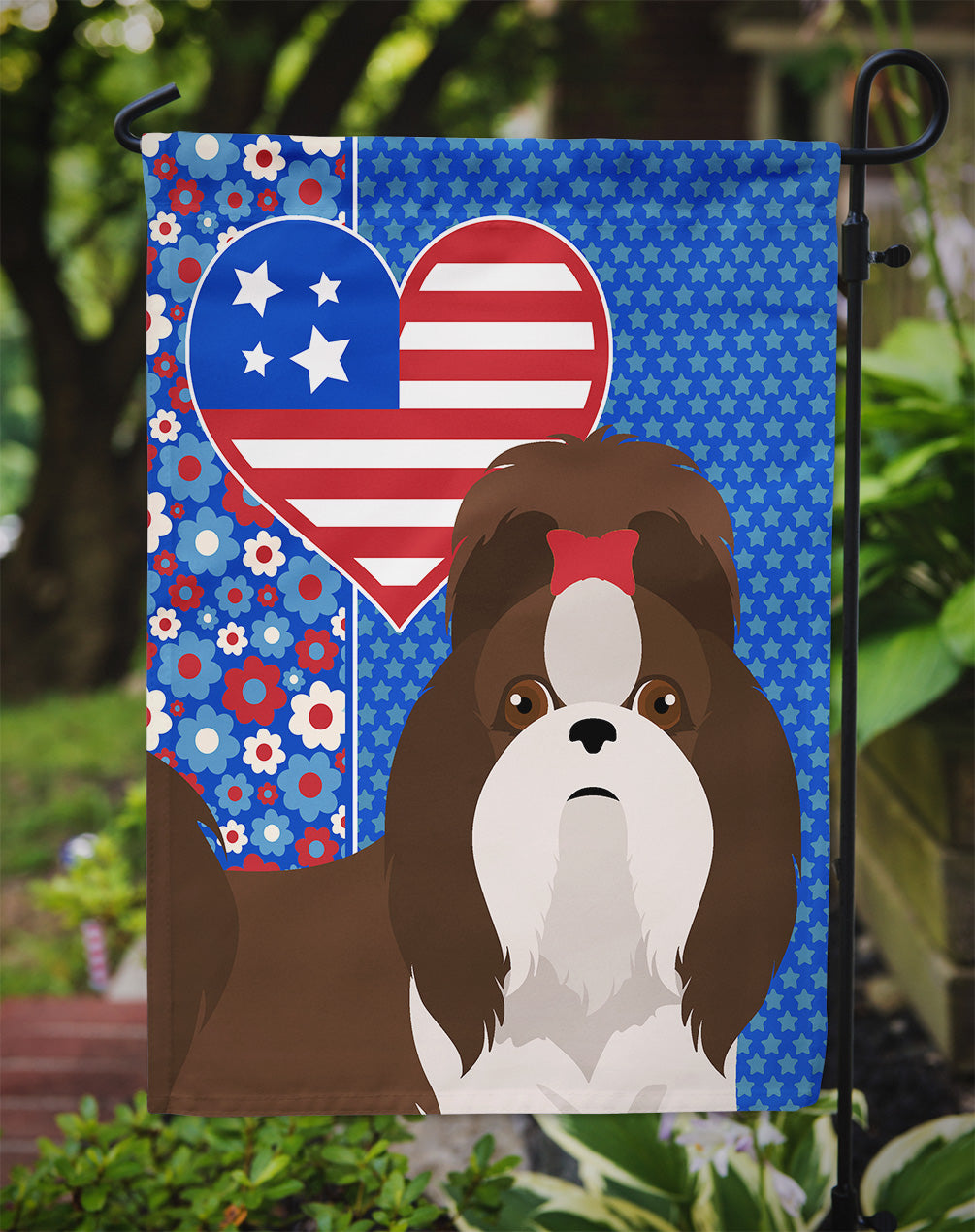 Liver and White Shih Tzu USA American Garden Flag