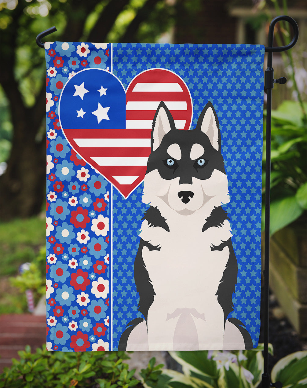 Black Siberian Husky USA American Garden Flag