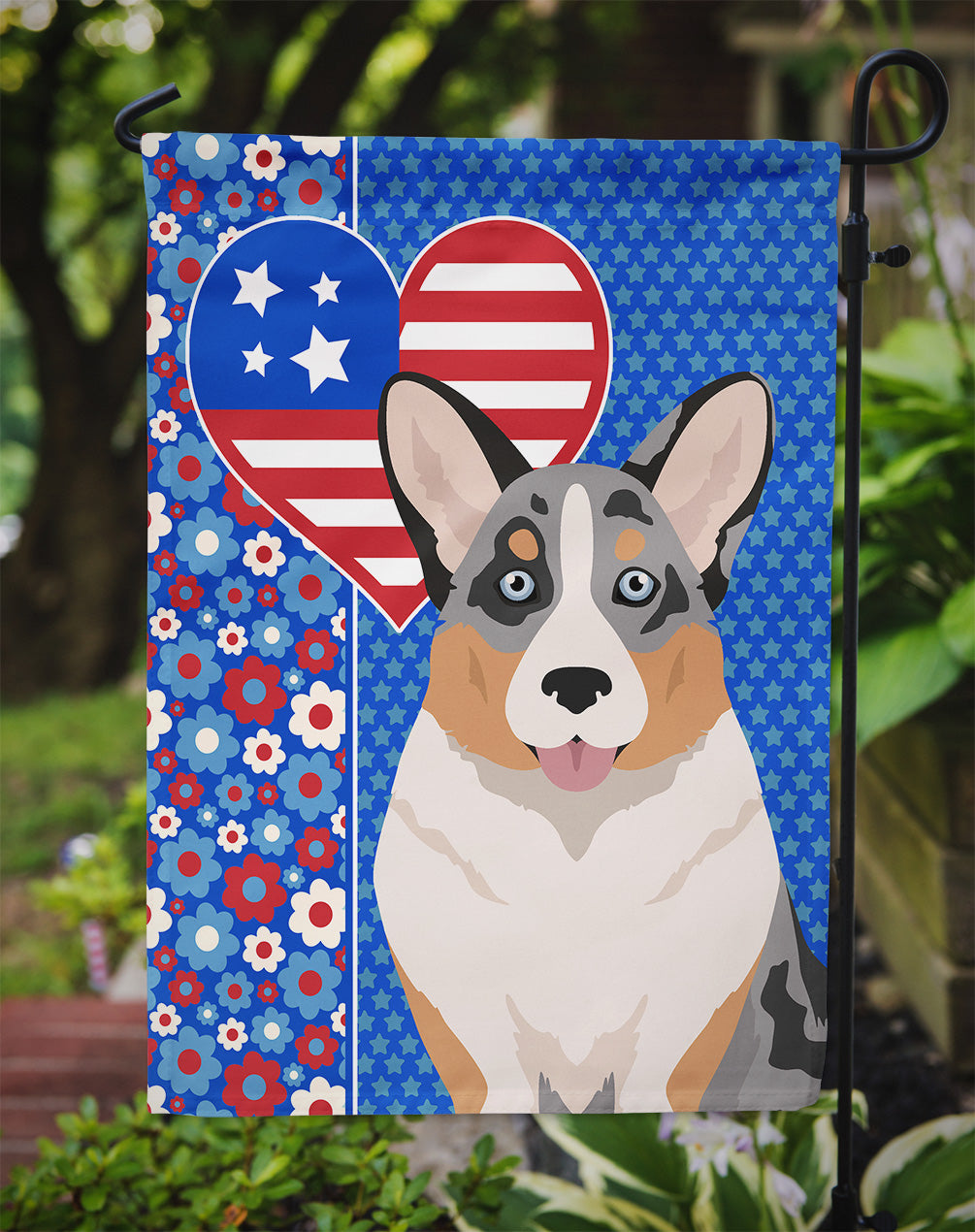 Blue Merle Cardigan Corgi USA American Garden Flag