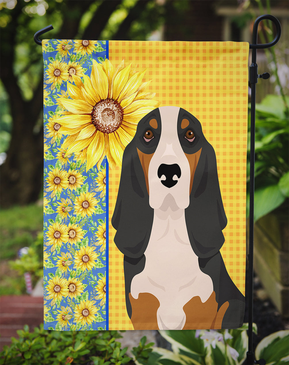 Summer Sunflowers Black Tricolor Basset Hound Garden Flag