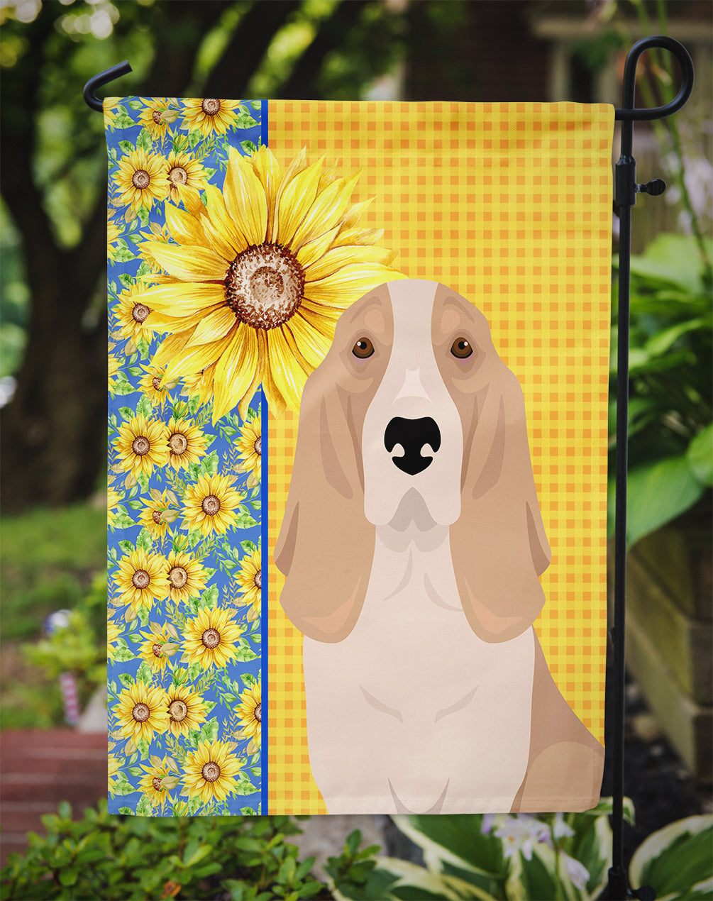 Summer Sunflowers Lemon and White Tricolor Basset Hound Garden Flag