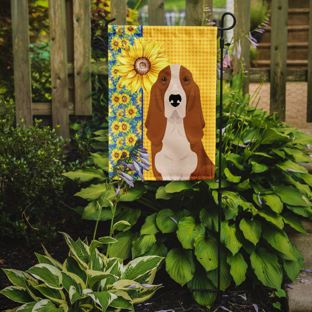 Summer Sunflowers Red and White Tricolor Basset Hound Garden Flag